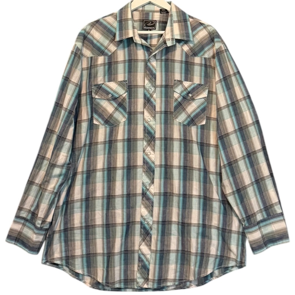 Roper Mens 2XL Western Pearl Snap Shirt Blue Turquoise Plaid Long Sleeve Rodeo